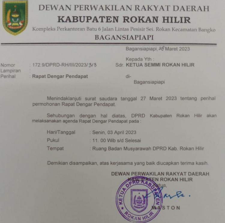 Ketua DPRD Rohil Agendakan RDP dengan AMRB Minggu Depan