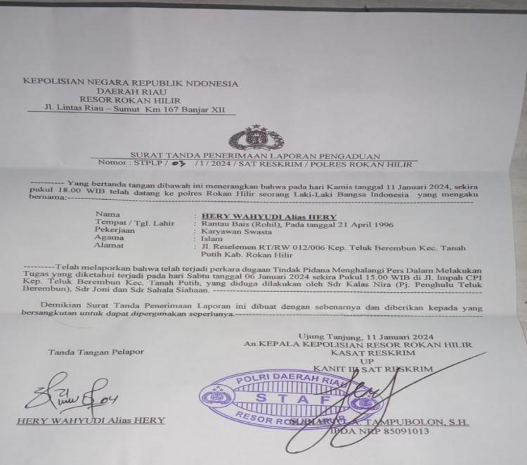 Diduga Langgar UU No 40 Tahun 1999 Pasal 18 Ayat 1, PJ Teluk Berembun Masuk Daftar Terlapor