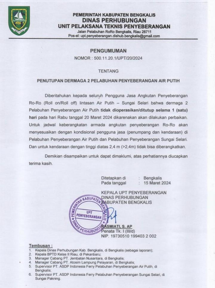 Tanggal 20 Maret 2024 Mendatang, Dermaga 2 di Pelabuhan Penyeberangan  Ro-Ro Air Putih Tidak Beroperasi