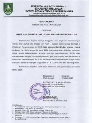 Tanggal 20 Maret 2024 Mendatang, Dermaga 2 di Pelabuhan Penyeberangan  Ro-Ro Air Putih Tidak Beroperasi