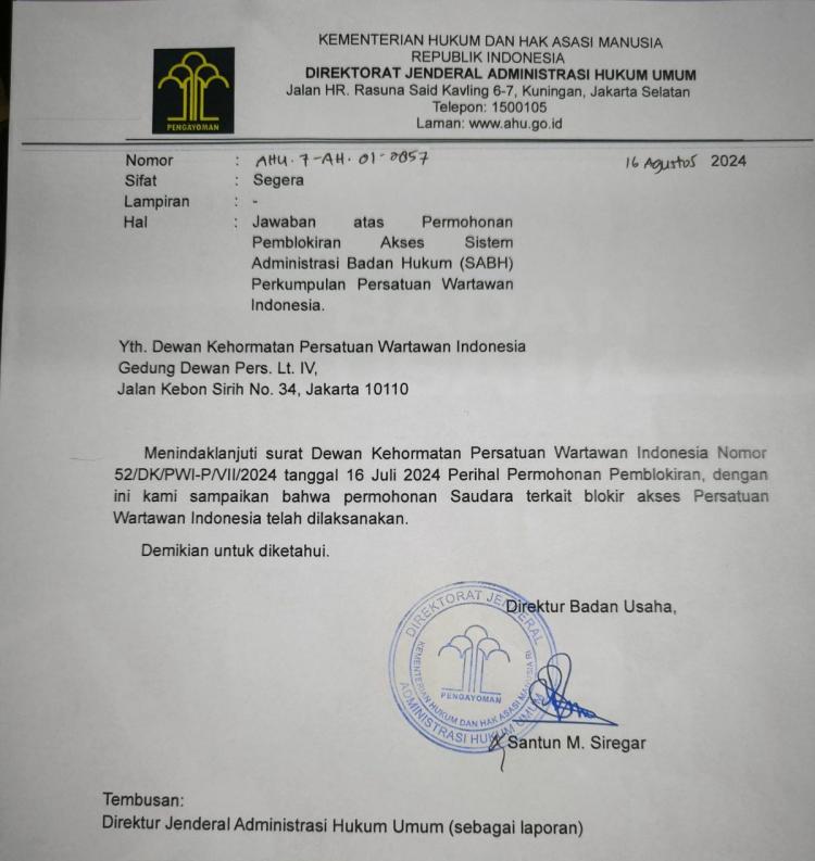 Surat AHU PWI Diblokir, Hendry Ch Bangun tidak Punya Legal Standing