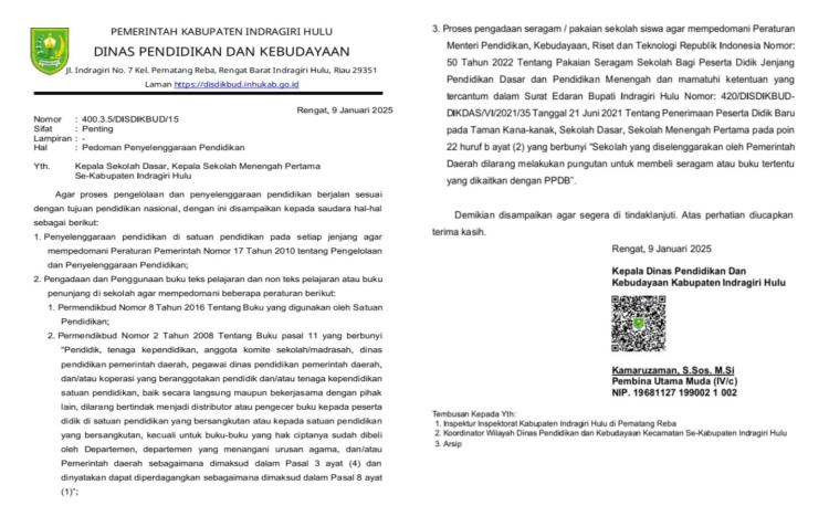 Tenaga Pendidik Dilarang Jual Beli LKS dan Seragam Sekolah, Disdikbud Inhu Surati Kepala Sekolah SD dan SMP