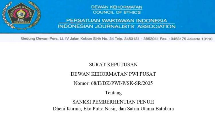 Langgar PD PRT, Tiga Anggota PWI Riau Diberi Sanksi Pemberhentian Penuh