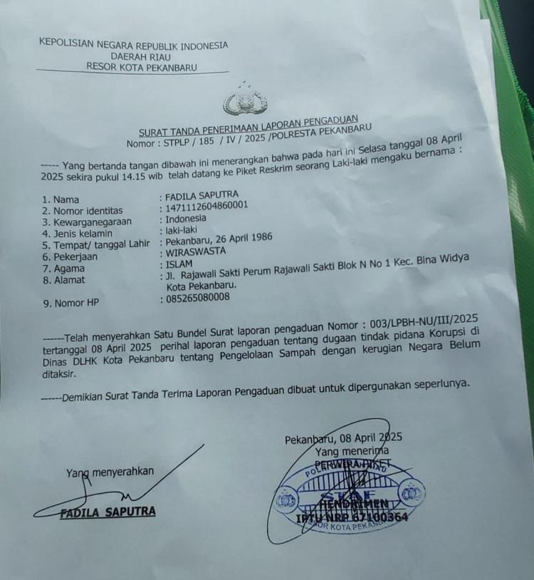 Polresta Terima Laporan LBPH-NU Riau Terkait Lelang Angkutan Sampah DLHK Pekanbaru 