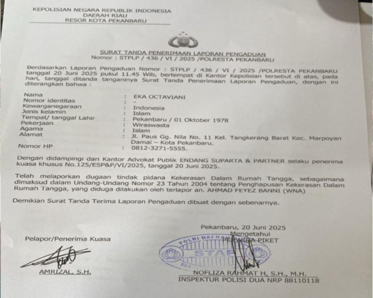 Diduga Lakukan KDRT, Eka bersama Advokat Publik Endang Suparta & Partner Resmi Lapor Suaminya ke Polresta Pekanbaru