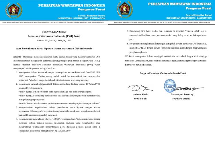 Pencabutan Kartu Liputan Istana Usai Lontarkan Pertanyaan Program MBG, PWI Pusat; Menghambat Kemerdekaan Pers