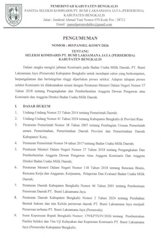 Perkuat Tata Kelola BUMD, Pemkab Bengkalis Buka Seleksi Komisaris PT BLJ